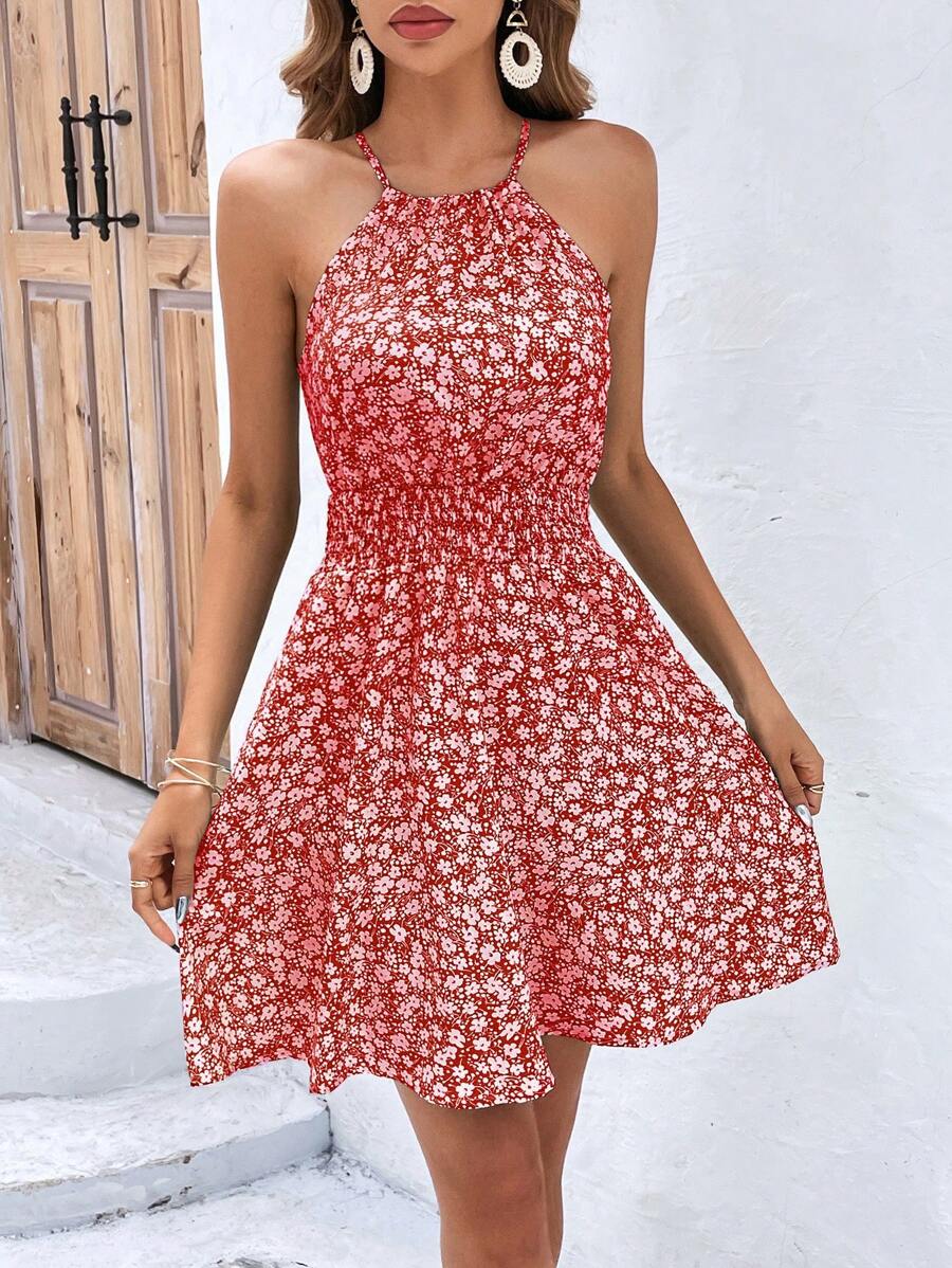 SHEIN Frenchy Đầm Buộc lại Dải chun Họa tiết hoa Boho - Đỏ và trắng - Xem 1