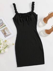 Muchica Đầm viền lá sen Thắt nơ trước Nếp gấp Phần Ngực màu trơn Gợi cảm - màu đen - Xem 1