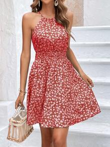 SHEIN Frenchy Đầm Buộc lại Dải chun Họa tiết hoa Boho - Đỏ và trắng - Xem 3