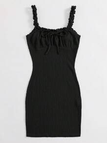 Muchica Đầm viền lá sen Thắt nơ trước Nếp gấp Phần Ngực màu trơn Gợi cảm - màu đen - Xem 3