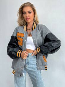 SHEIN Unity 字母貼布條紋飾邊落肩袖學院風夾克 - 灰色 - 查看 1