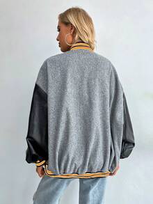 SHEIN Unity 字母貼布條紋飾邊落肩袖學院風夾克 - 灰色 - 查看 2