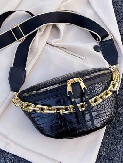 鱷魚壓紋鏈條裝飾腰包中等