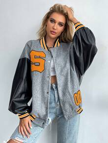 SHEIN Unity 字母貼布條紋飾邊落肩袖學院風夾克 - 灰色 - 查看 5
