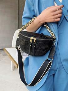 Crocodile Embossed Chain Decor Waist Bag Medium - Black - View 4