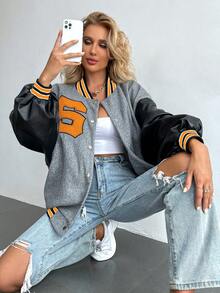 SHEIN Unity 字母貼布條紋飾邊落肩袖學院風夾克 - 灰色 - 查看 6