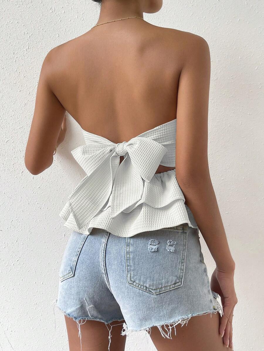 SHEIN Frenchy 後綁帶蝴蝶結荷葉邊抹胸上衣 - 白色 - 查看 1