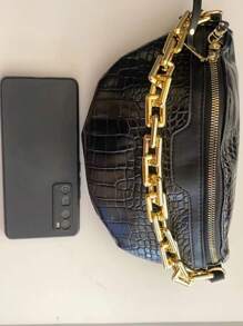 Crocodile Embossed Chain Decor Waist Bag Medium - Black - View 7