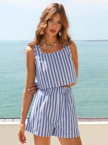 SHEIN VCAY Striped Print Split Back Top & Shorts - Blue and White - View 2