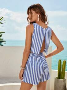 SHEIN VCAY Striped Print Split Back Top & Shorts - Blue and White - View 1