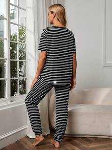 SHEIN Maternity Striped Print Tee & Adjustable Waist Trousers - Black and White - View 2