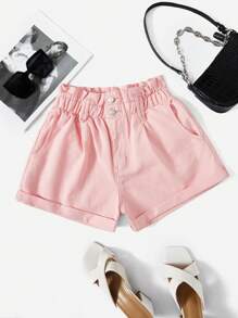 Breezaya 紙袋腰卷邊牛仔短褲 - 粉色 - 查看 1