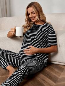 SHEIN Maternity Striped Print Tee & Adjustable Waist Trousers - Black and White - View 5