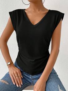 Chiquease Casual Eenkleurig T-shirt Ruches - Zwart - Bekijken 3