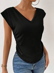 Chiquease Casual Eenkleurig T-shirt Ruches - Zwart - Bekijken 6