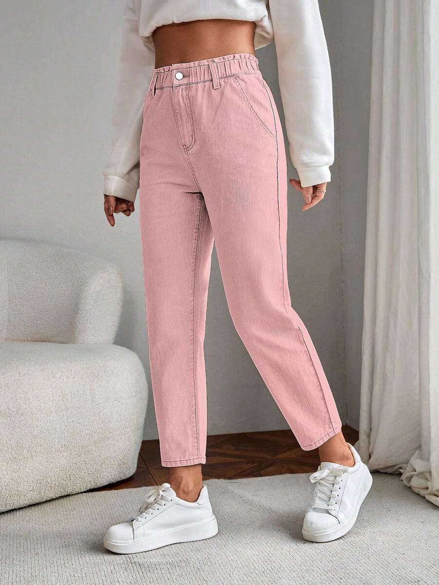 Elastic Waist Mom Fit Jeans - Pink - View 1