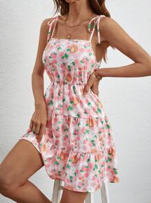 SHEIN X MOLANG 卡通圖案肩上打結荷葉邊吊帶連衣裙 - 彩色 - 查看 2