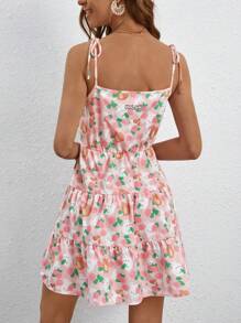 SHEIN X MOLANG 卡通圖案肩上打結荷葉邊吊帶連衣裙 - 彩色 - 查看 3