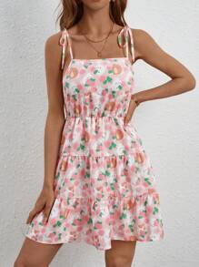 SHEIN X MOLANG 卡通圖案肩上打結荷葉邊吊帶連衣裙 - 彩色 - 查看 5