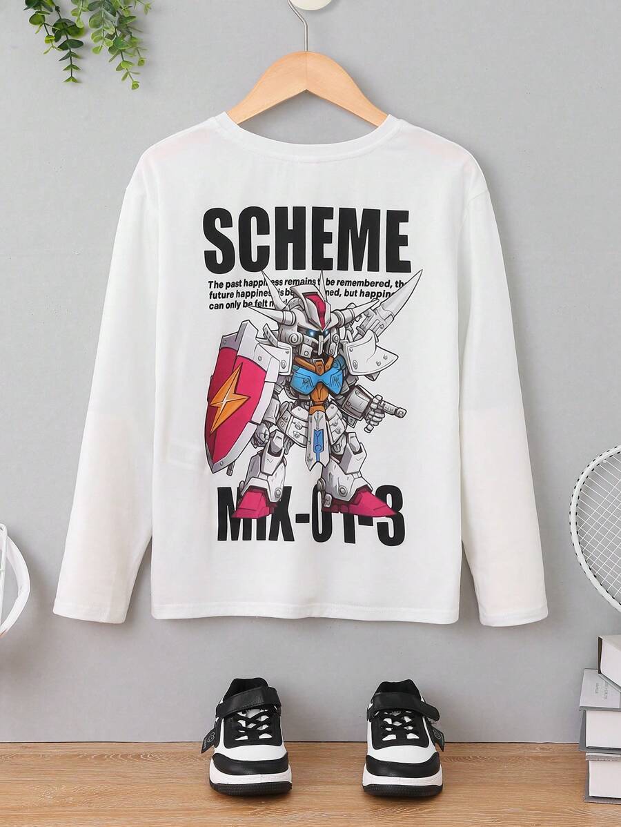 SHEIN 男童卡通機器人印花寬鬆長袖T恤 - 白色 - 查看 1