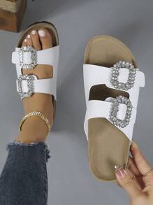 Women Rhinestone Decor Buckle Detail Footbed Sandals, Faux Suede Glamorous Sandals - White - View 1