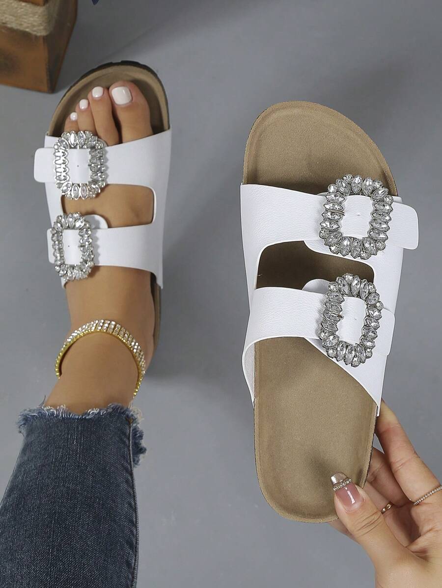 Women Rhinestone Decor Buckle Detail Footbed Sandals, Faux Suede Glamorous Sandals - White - View 1