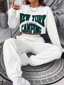 SHEIN Unity 字母圖案落肩袖衛衣和衛褲 - 白色 - 查看 1