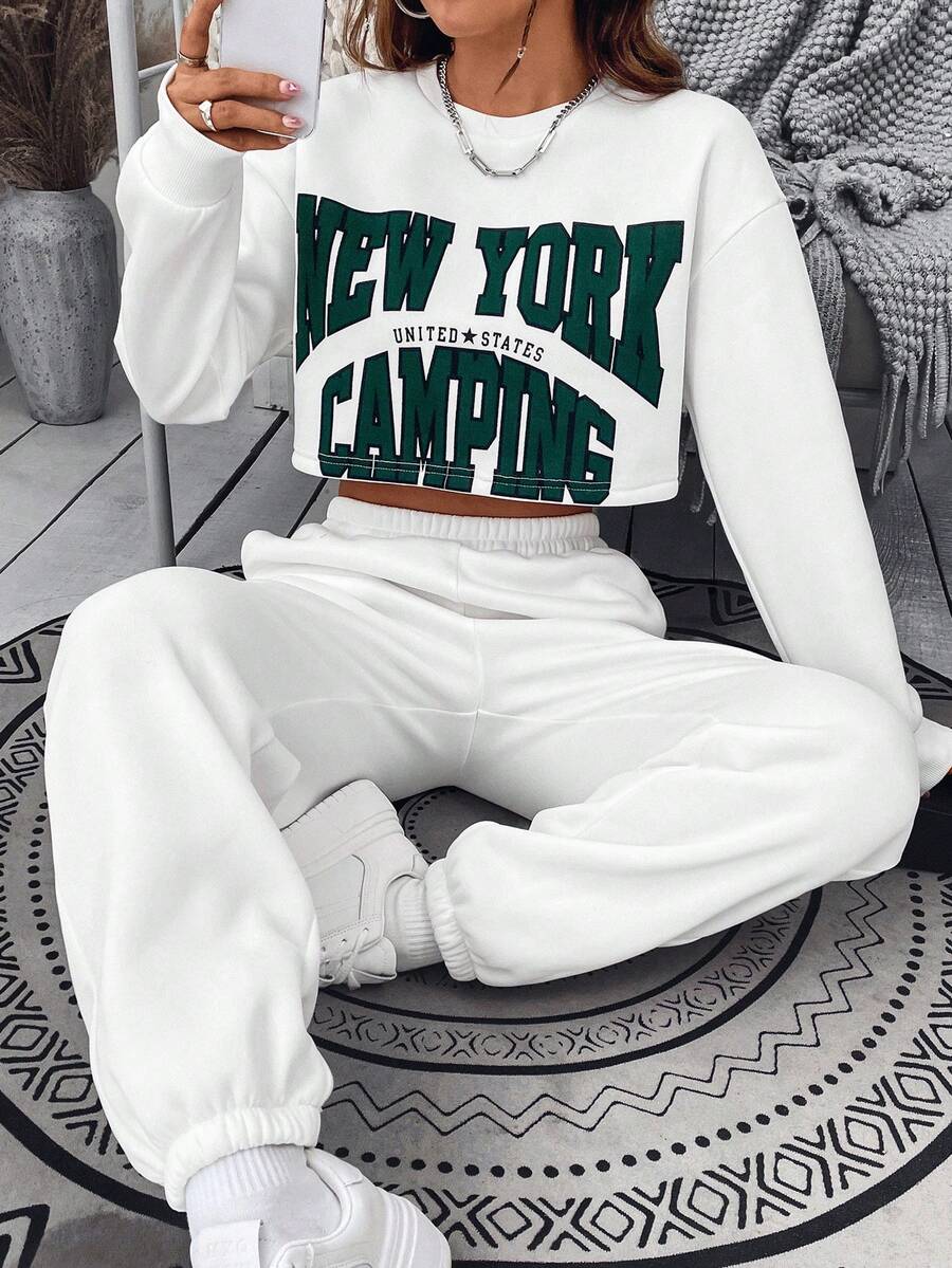 SHEIN Unity 字母圖案落肩袖衛衣和衛褲 - 白色 - 查看 1