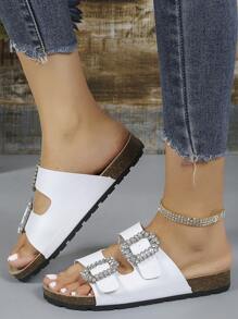 Women Rhinestone Decor Buckle Detail Footbed Sandals, Faux Suede Glamorous Sandals - White - View 2