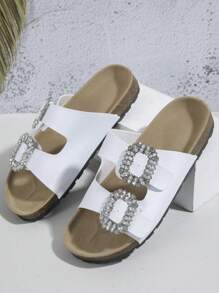 Women Rhinestone Decor Buckle Detail Footbed Sandals, Faux Suede Glamorous Sandals - White - View 3