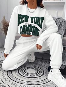 SHEIN Unity 字母圖案落肩袖衛衣和衛褲 - 白色 - 查看 3