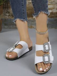 Women Rhinestone Decor Buckle Detail Footbed Sandals, Faux Suede Glamorous Sandals - White - View 6