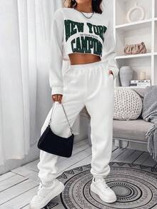 SHEIN Unity 字母圖案落肩袖衛衣和衛褲 - 白色 - 查看 5