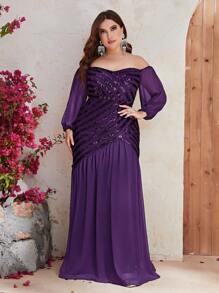 YISIKADO Plus Off Shoulder Contrast Sequin Formal Dress - Purple - View 1