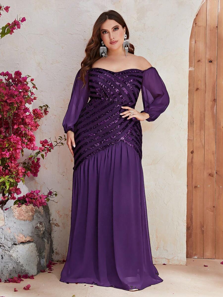 YISIKADO Plus Off Shoulder Contrast Sequin Formal Dress - Purple - View 1