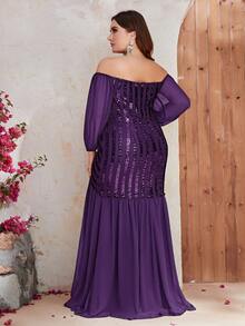 YISIKADO Plus Off Shoulder Contrast Sequin Formal Dress - Purple - View 2