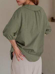 DAZY 素色前紐扣落肩袖襯衫 - 綠色 - 查看 2