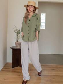 DAZY 素色前紐扣落肩袖襯衫 - 綠色 - 查看 3