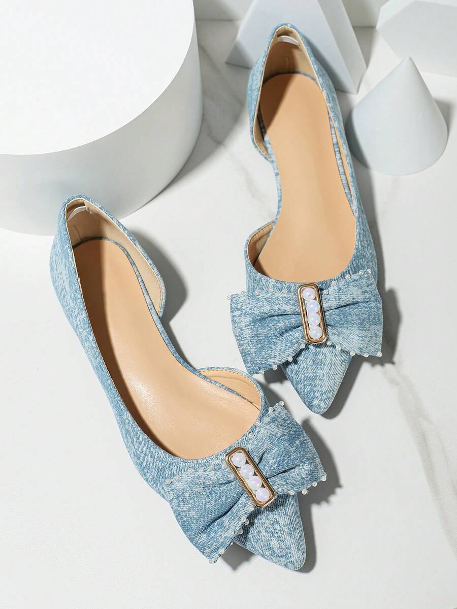 女士蝴蝶結和人造珍珠裝飾尖頭芭蕾平底鞋，時尚牛仔平底鞋 - 藍色 - 查看 1