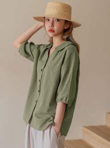 DAZY 素色前紐扣落肩袖襯衫 - 綠色 - 查看 4