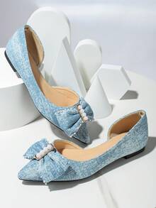 女士蝴蝶結和人造珍珠裝飾尖頭芭蕾平底鞋，時尚牛仔平底鞋 - 藍色 - 查看 2
