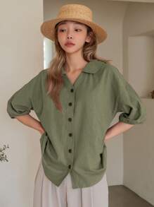 DAZY 素色前紐扣落肩袖襯衫 - 綠色 - 查看 5
