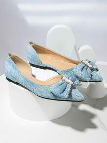 女士蝴蝶結和人造珍珠裝飾尖頭芭蕾平底鞋，時尚牛仔平底鞋 - 藍色 - 查看 4