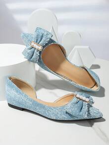 女士蝴蝶結和人造珍珠裝飾尖頭芭蕾平底鞋，時尚牛仔平底鞋 - 藍色 - 查看 5