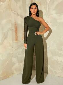 SHEIN SXY Women's Solid Color Oblique Shoulder Cinched Waist Straight Leg Loose Jumpsuit - Army Green - View 1