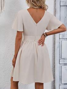 SHEIN LUNE Solid Surplice Neck Butterfly Sleeve A-line Dress - Apricot - View 2