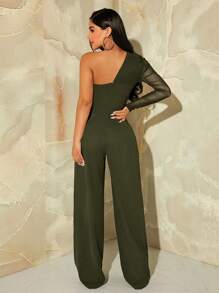 SHEIN SXY Women's Solid Color Oblique Shoulder Cinched Waist Straight Leg Loose Jumpsuit - Army Green - View 2
