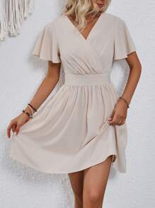 SHEIN LUNE Solid Surplice Neck Butterfly Sleeve A-line Dress - Apricot - View 4