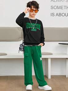 SHEIN Cậu bé Tween Đồ họa Chữ cái Thả vai Áo len & Quần nỉ - Nhiều màu - Xem 3