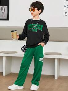 SHEIN Cậu bé Tween Đồ họa Chữ cái Thả vai Áo len & Quần nỉ - Nhiều màu - Xem 4